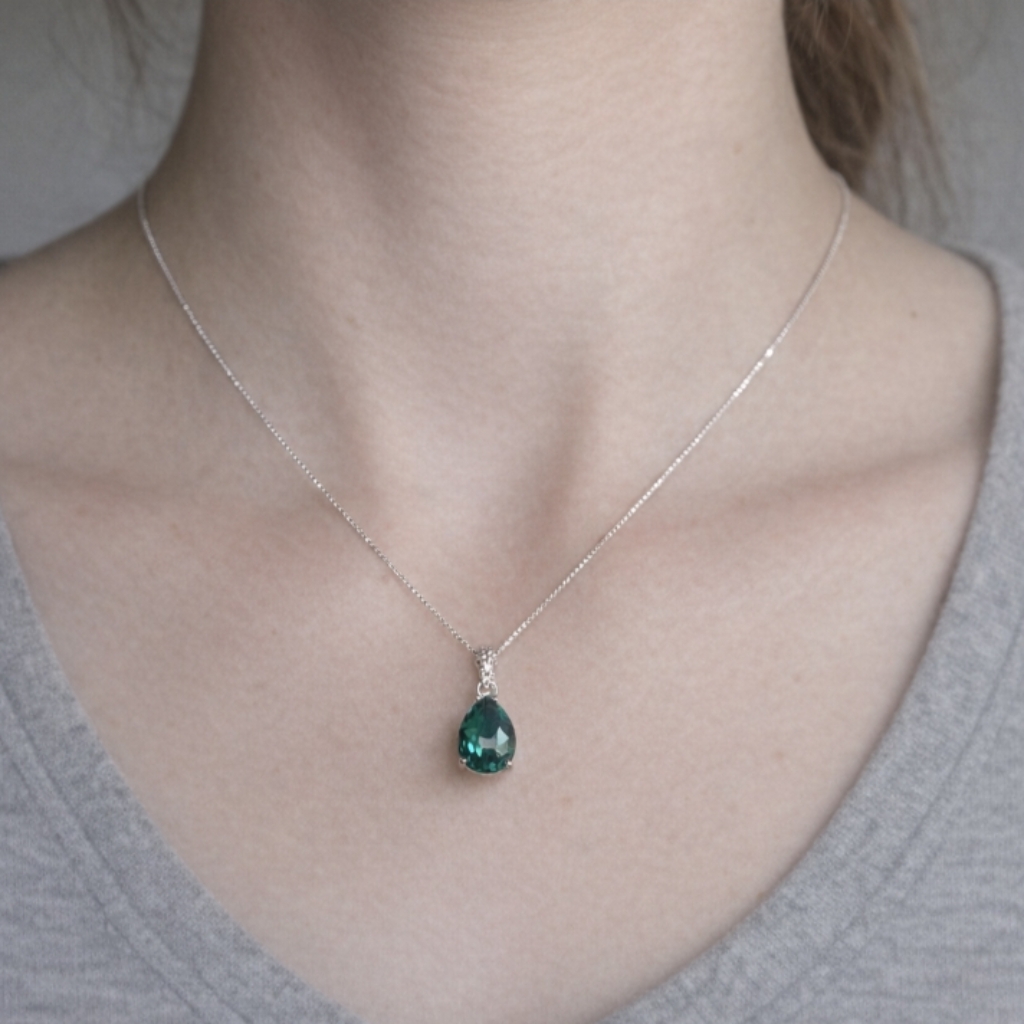 Technibond Green Teardrop Pendant Necklace Silver Accent Emerald Tone 38$